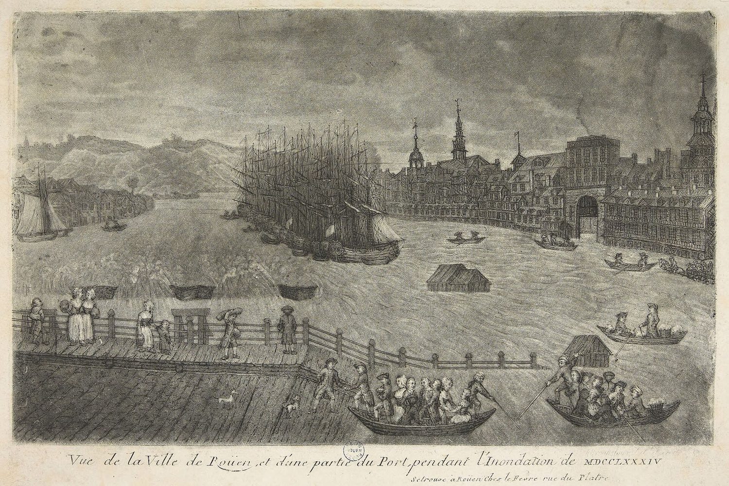 Vue de la Ville de Rouen et d'une partie du Port pendant l'inondation, Anonyme, 1784.